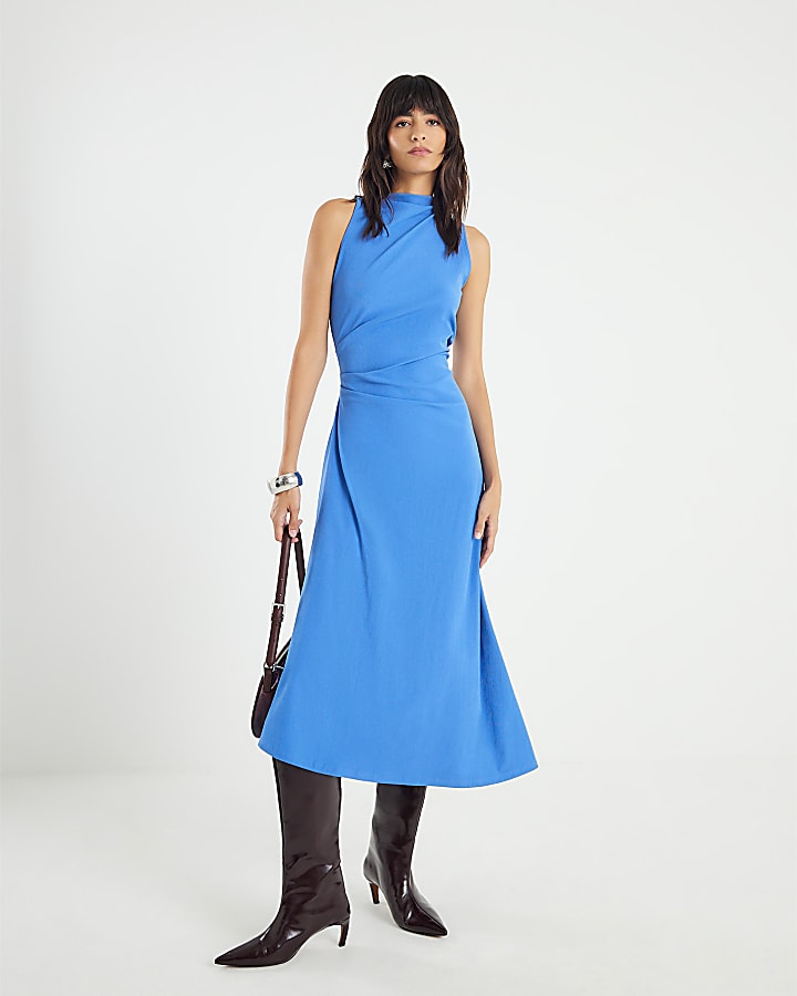 Blue Sleeveless Asymmetric Hem Midi Dress