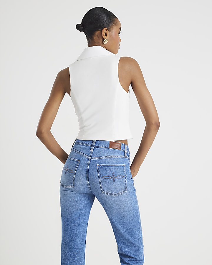 White Sleeveless Collared Corsage Top