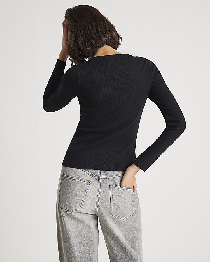 Black Long Sleeve Popper Through Ribbed Top