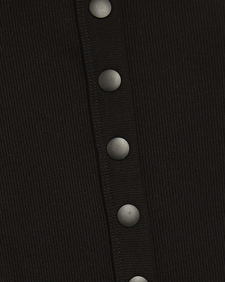 Black Long Sleeve Popper Through Ribbed Top