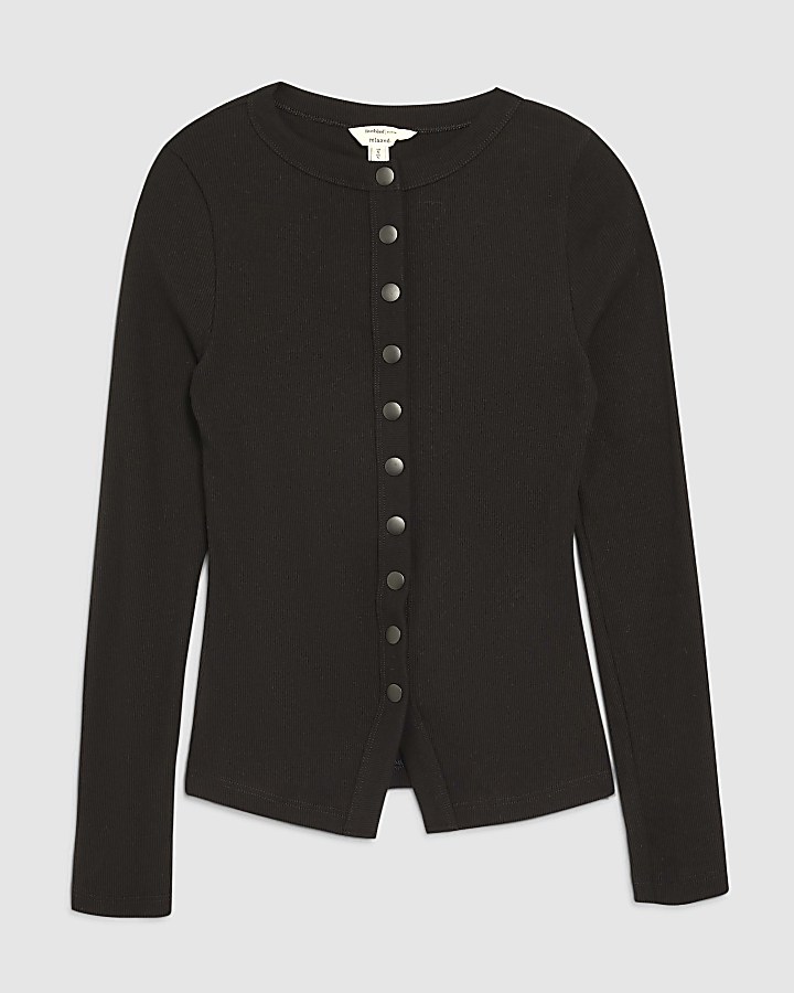 Black Long Sleeve Popper Through Ribbed Top