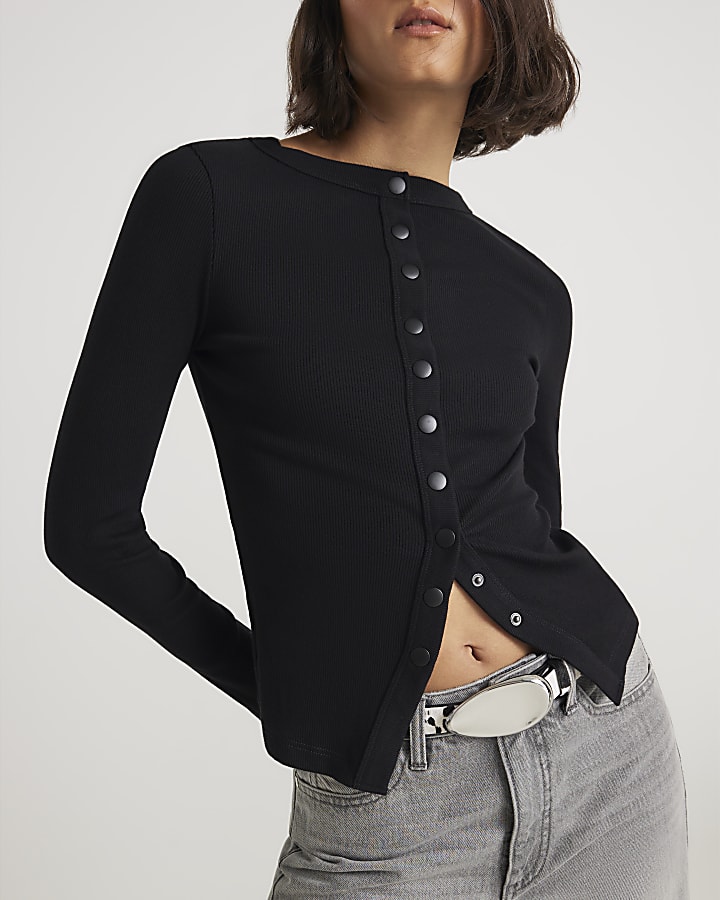 Black Long Sleeve Popper Through Ribbed Top