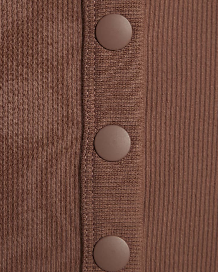 Beige Long Sleeve Popper Through Ribbed Top