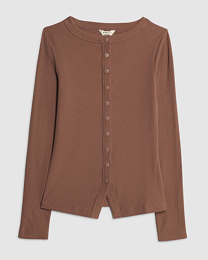 Beige Long Sleeve Popper Through Ribbed Top