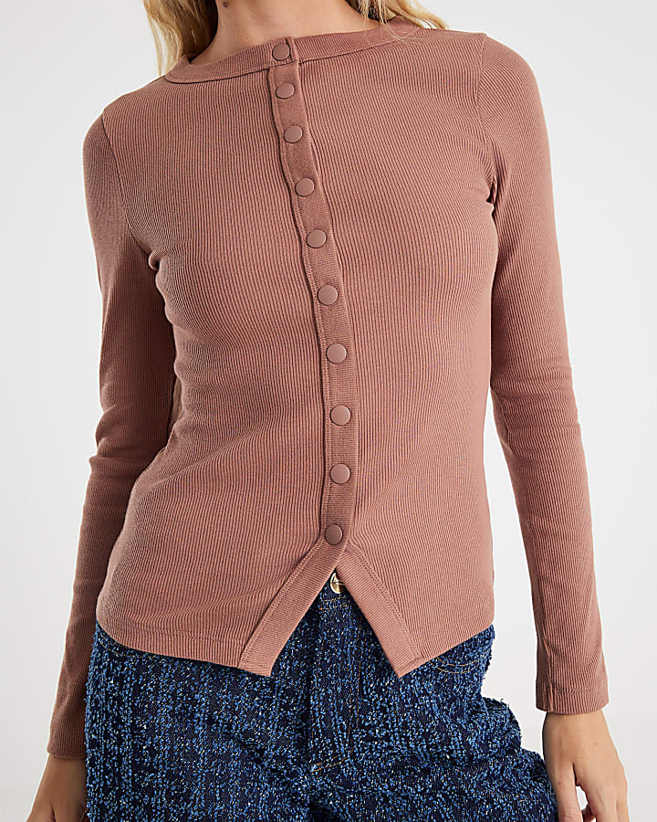 Beige Long Sleeve Popper Through Ribbed Top