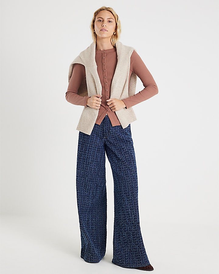 Beige Long Sleeve Popper Through Ribbed Top