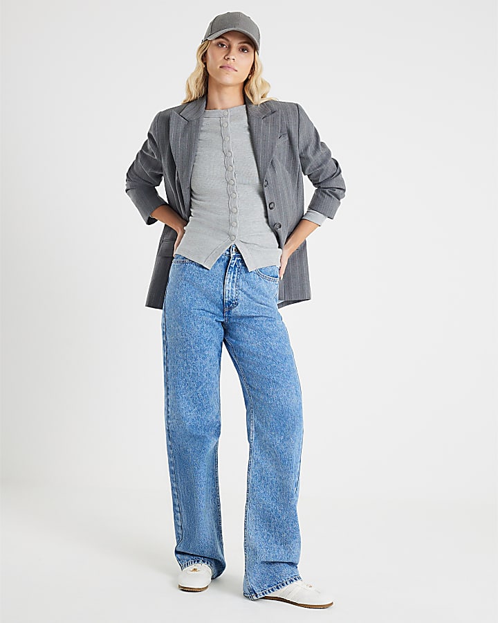 Grey Long Sleeve Popper Through Ribbed Top