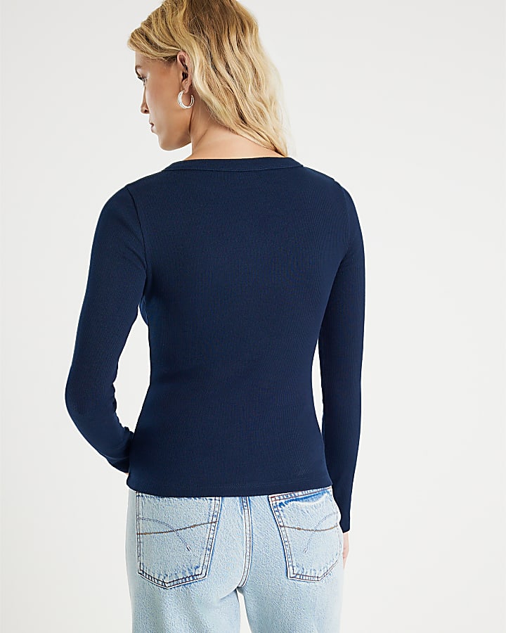 Navy Long Sleeve Popper Through Ribbed Top