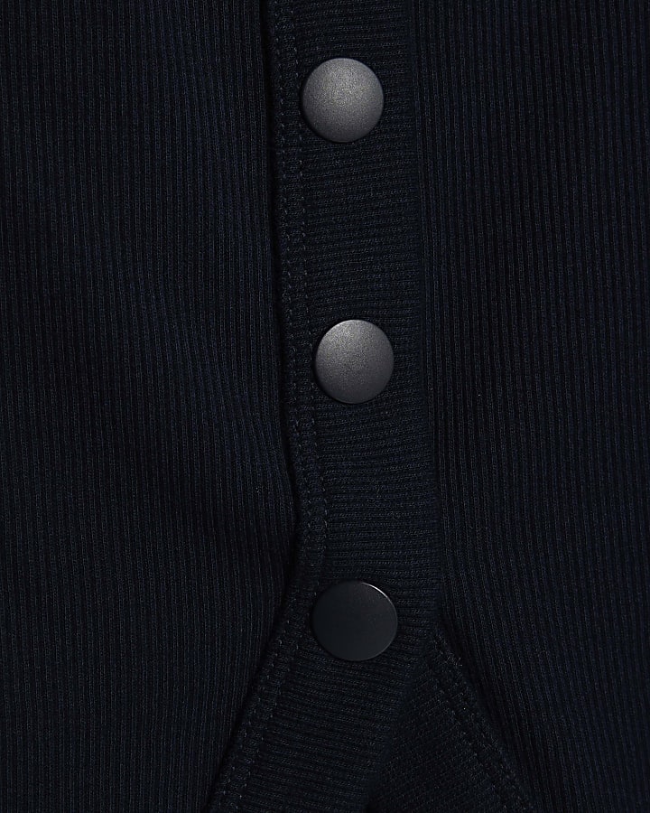 Navy Long Sleeve Popper Through Ribbed Top
