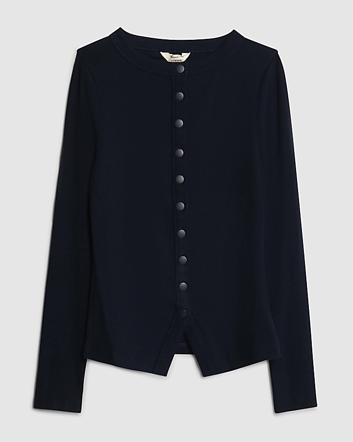 Navy Long Sleeve Popper Through Ribbed Top