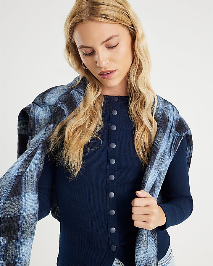Navy Long Sleeve Popper Through Ribbed Top