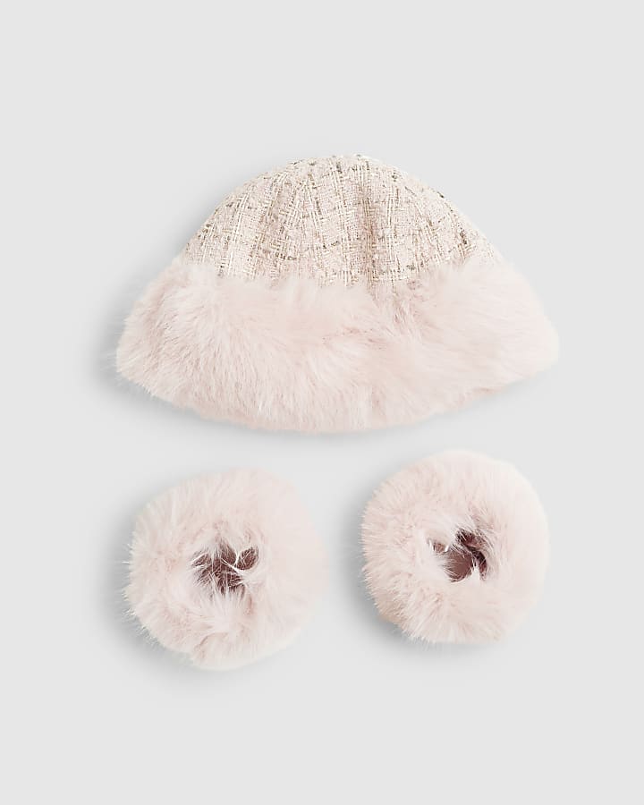 Pink Faux Fur Hat And Cuffs