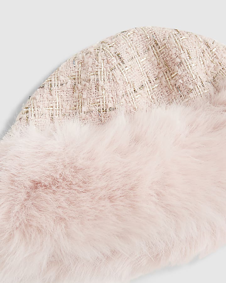 Pink Faux Fur Hat And Cuffs