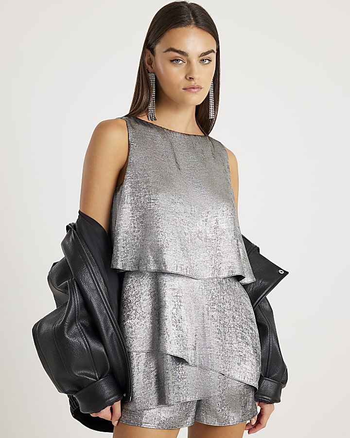 Silver metallic frill playsuit