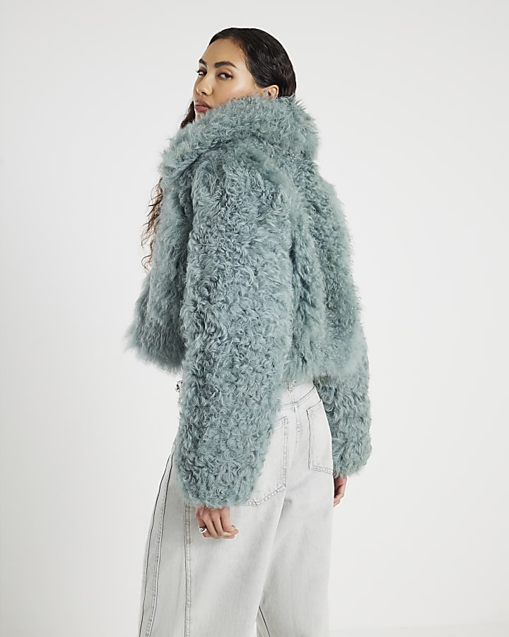 Blue Real Shearling Short Jacket