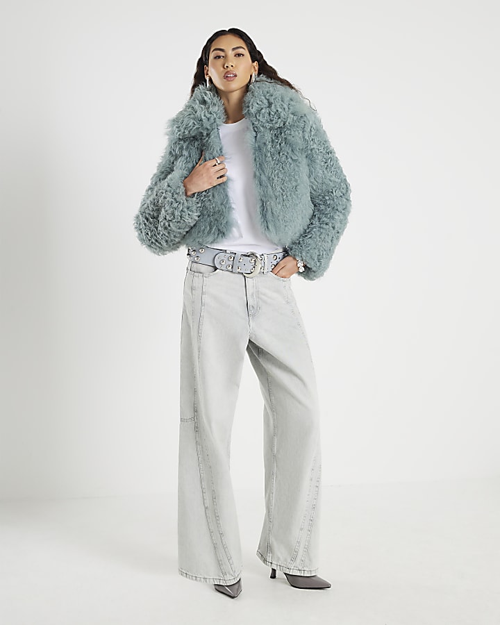 Blue Real Shearling Short Jacket