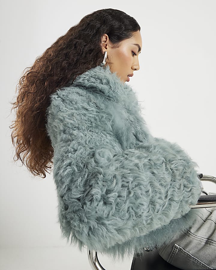 Blue Real Shearling Short Jacket