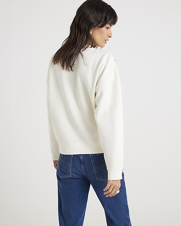 Cream Long Sleeve Embellished Sweatshirt