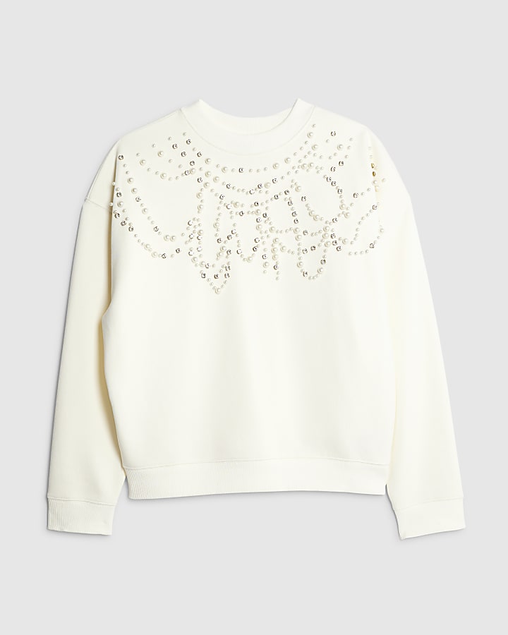 Cream Long Sleeve Embellished Sweatshirt