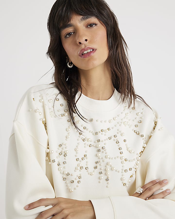 Cream Long Sleeve Embellished Sweatshirt