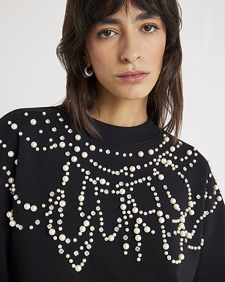 Black Long Sleeve Embellished Sweatshirt
