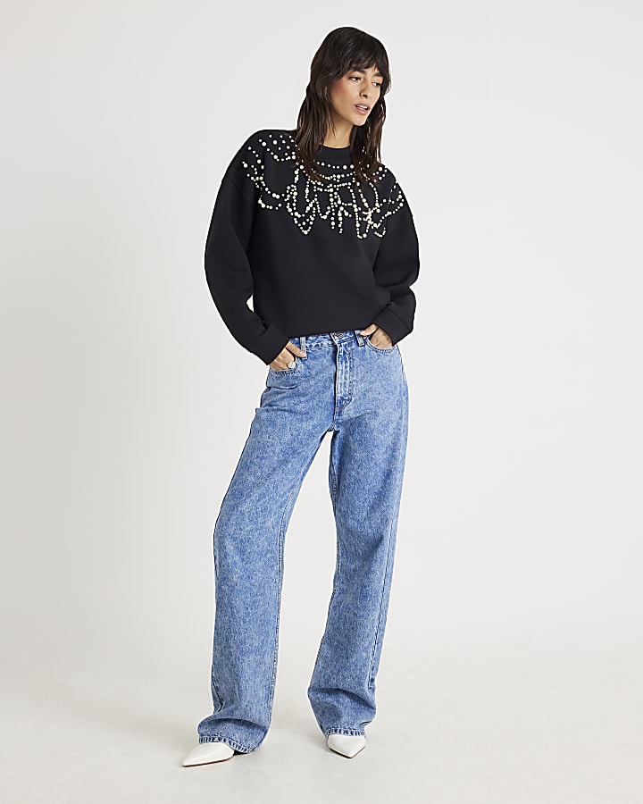 Black Long Sleeve Embellished Sweatshirt