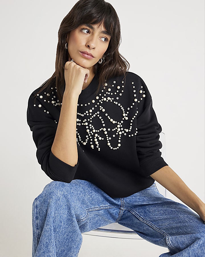Black Long Sleeve Embellished Sweatshirt