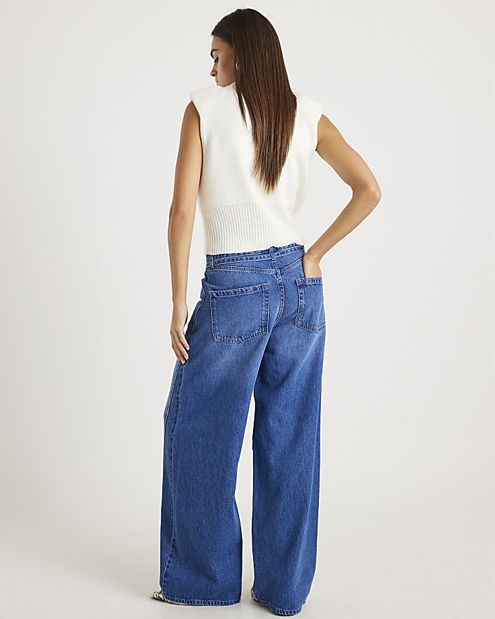 Blue Baggy Wide Leg Tie Waist Jeans
