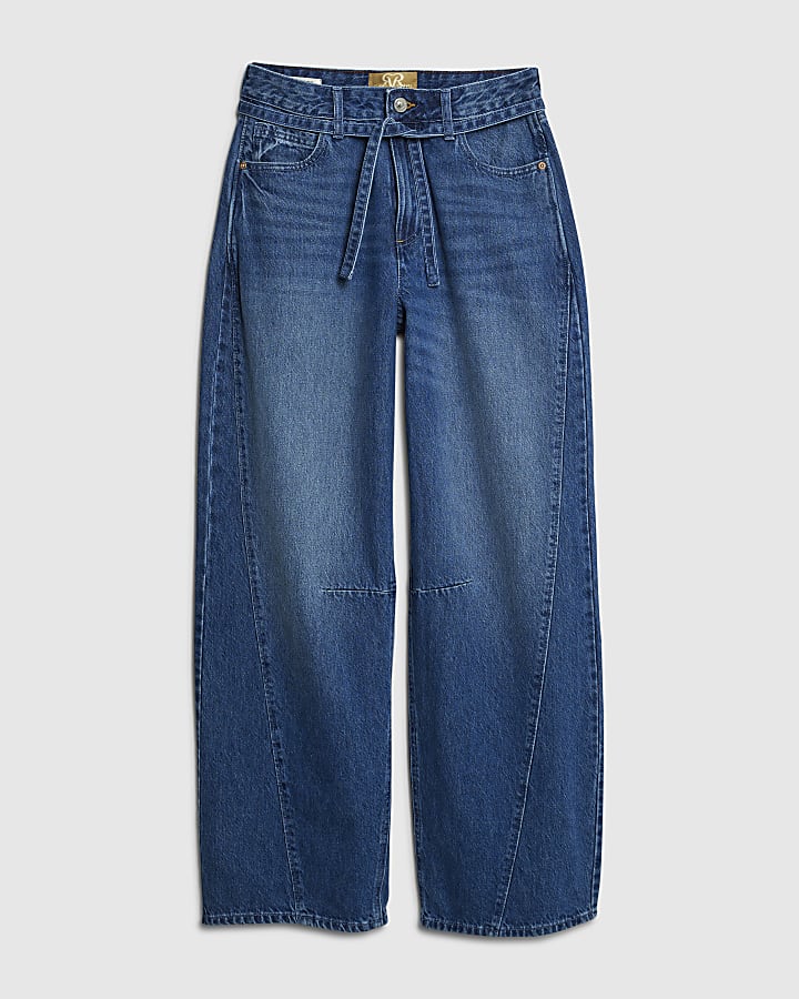 Blue Baggy Wide Leg Tie Waist Jeans