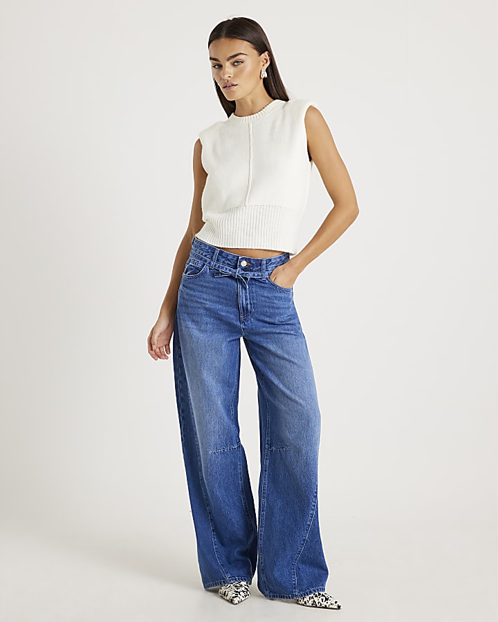 Blue Baggy Wide Leg Tie Waist Jeans