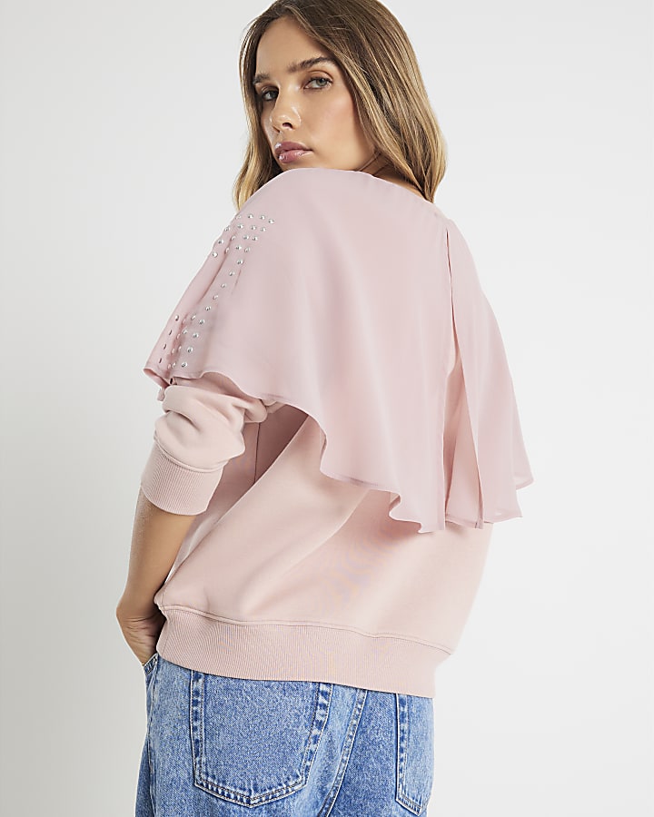Pink Long Sleeve Studded Cape Sweatshirt