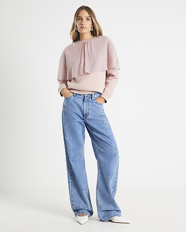 Pink Long Sleeve Studded Cape Sweatshirt