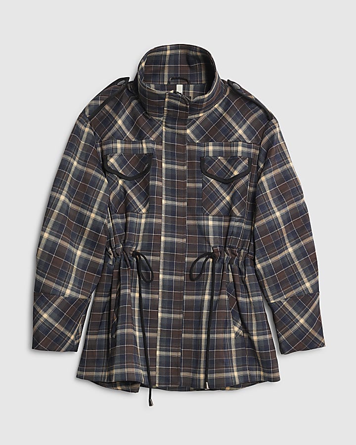 Brown Check Long Sleeve High Neck Jacket