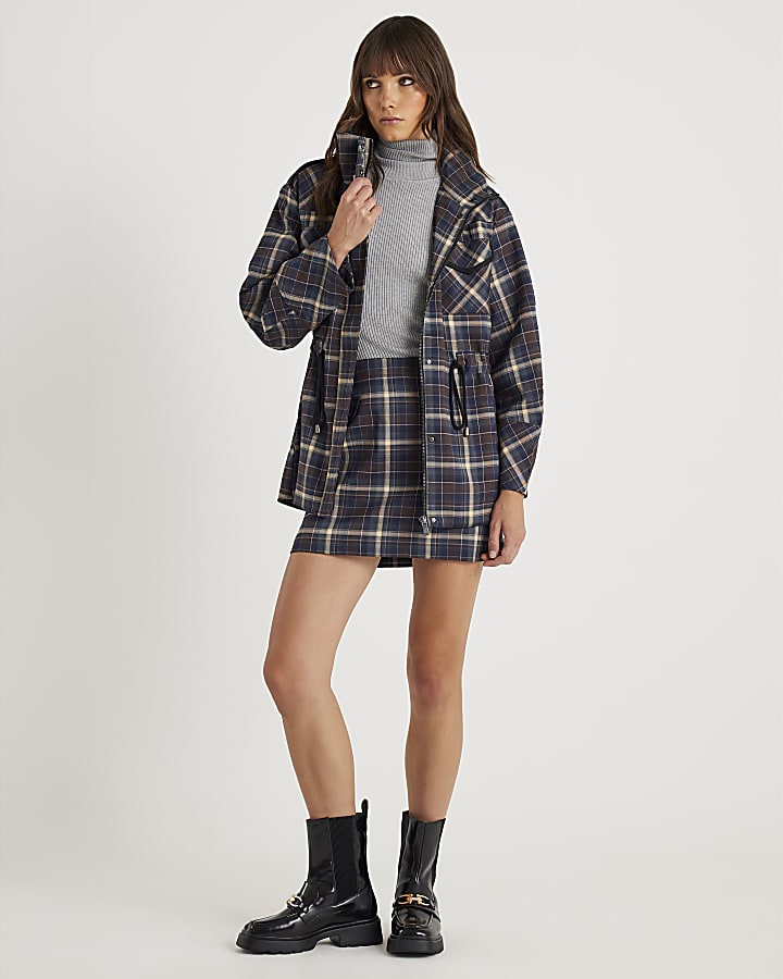 Brown Check Long Sleeve High Neck Jacket