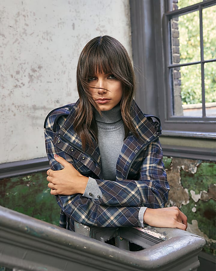 Brown Check Long Sleeve High Neck Jacket