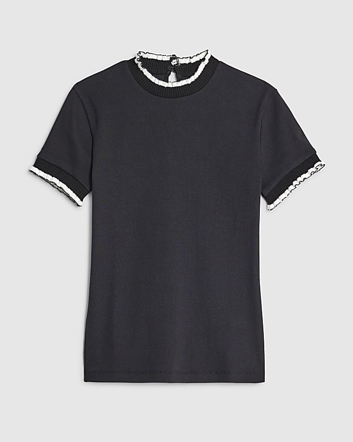 Black Short Sleeve Frill Trim Fitted Top