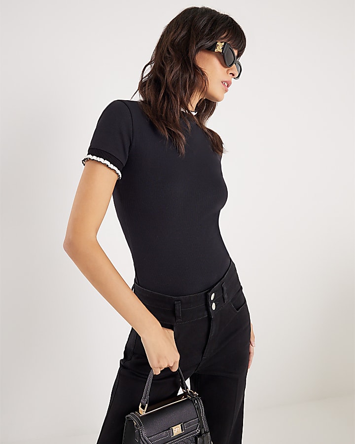 Black Short Sleeve Frill Trim Fitted Top