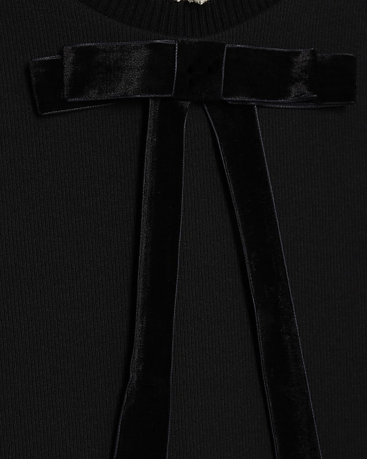 Black Ribbed Short Sleeve Bow Neck Fitted Top