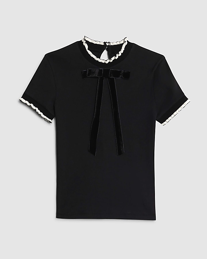 Black Ribbed Short Sleeve Bow Neck Fitted Top