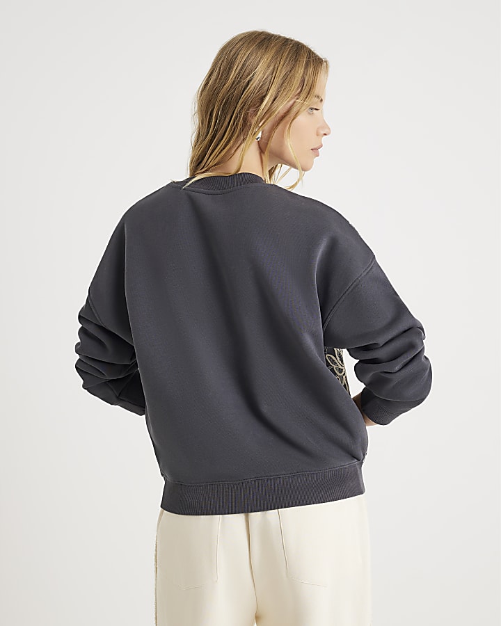 Grey Lace Print Embellished Sweatshirt