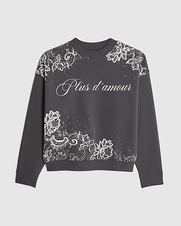 Grey Lace Print Embellished Sweatshirt