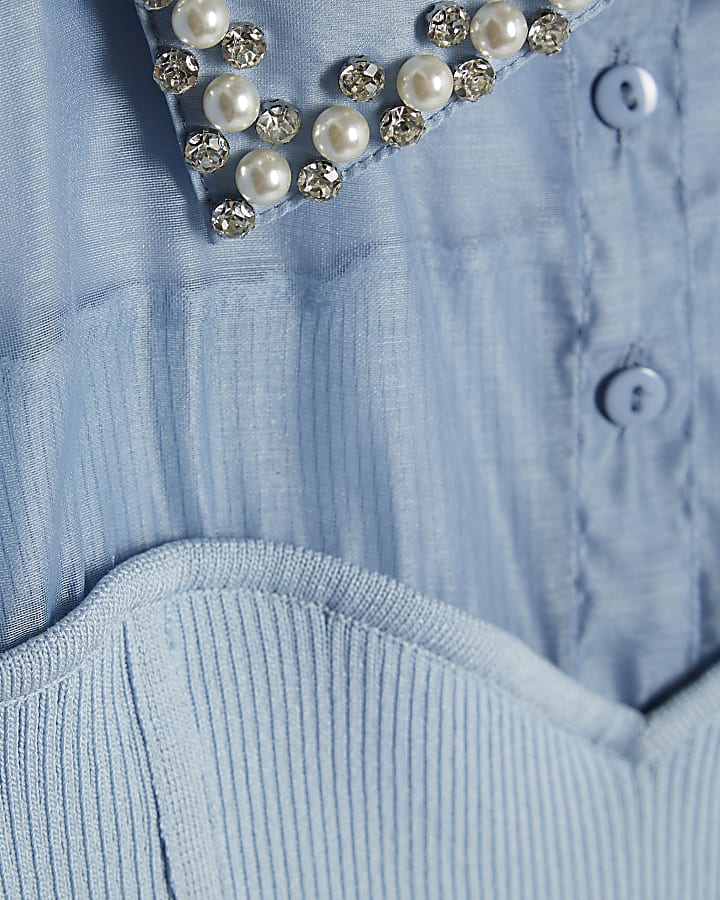 Blue Embellished Collar Hybrid Top