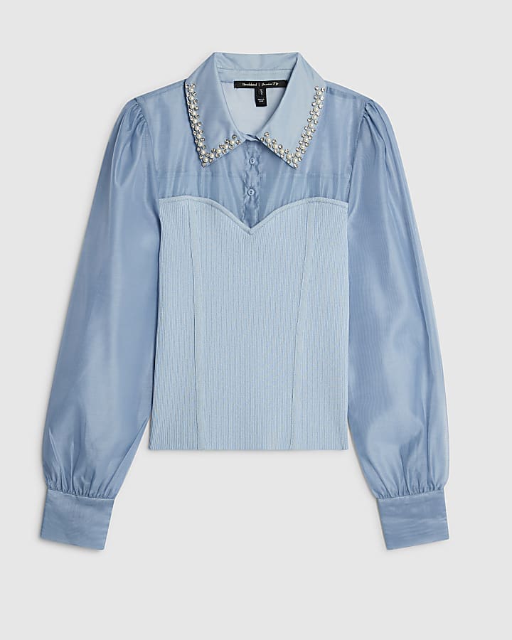 Blue Embellished Collar Hybrid Top