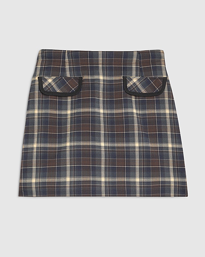 Brown Check A Line Mini Skirt