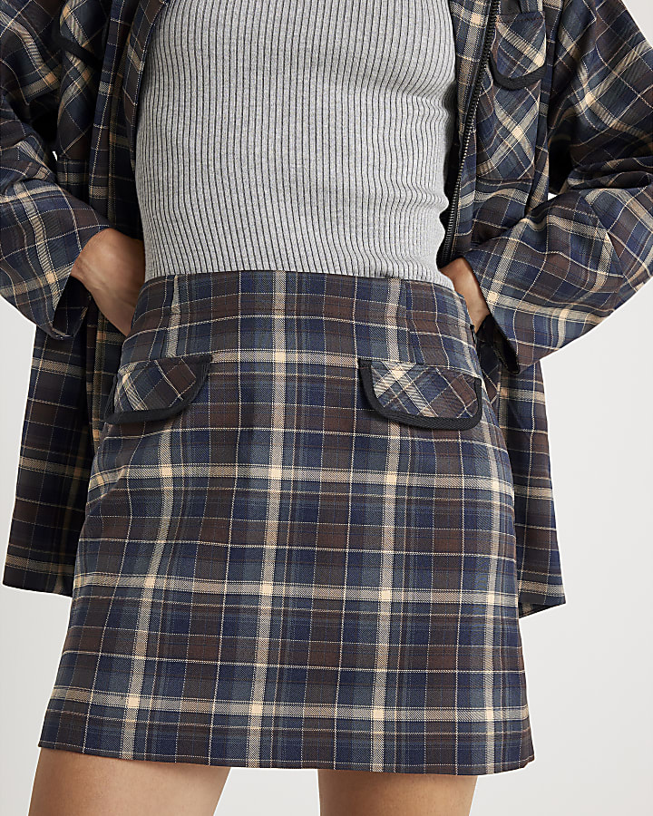 Brown Check A Line Mini Skirt