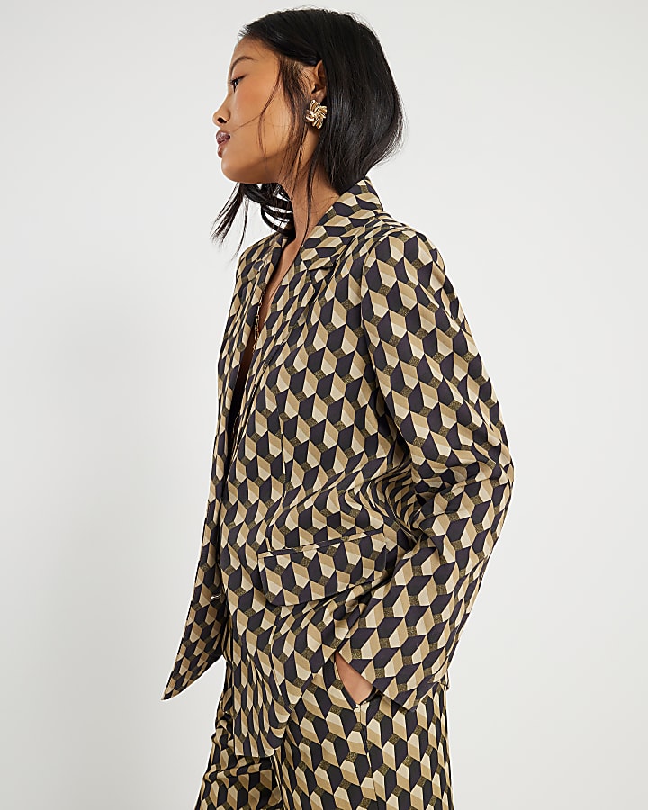 Petite Green Geometric Print Oversized Blazer