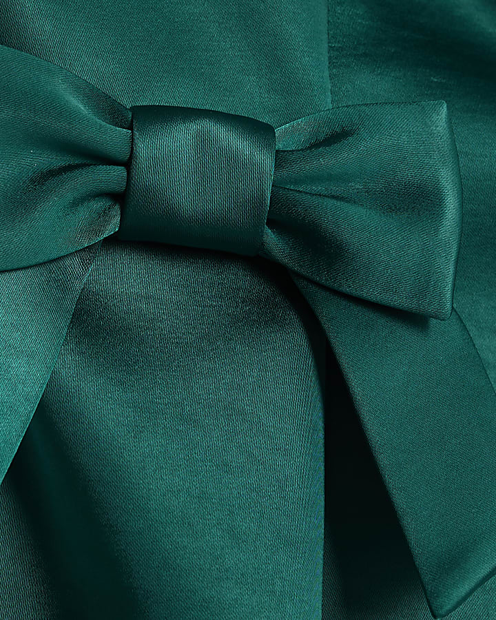 Green Satin Sleeveless Bow Peplum Top