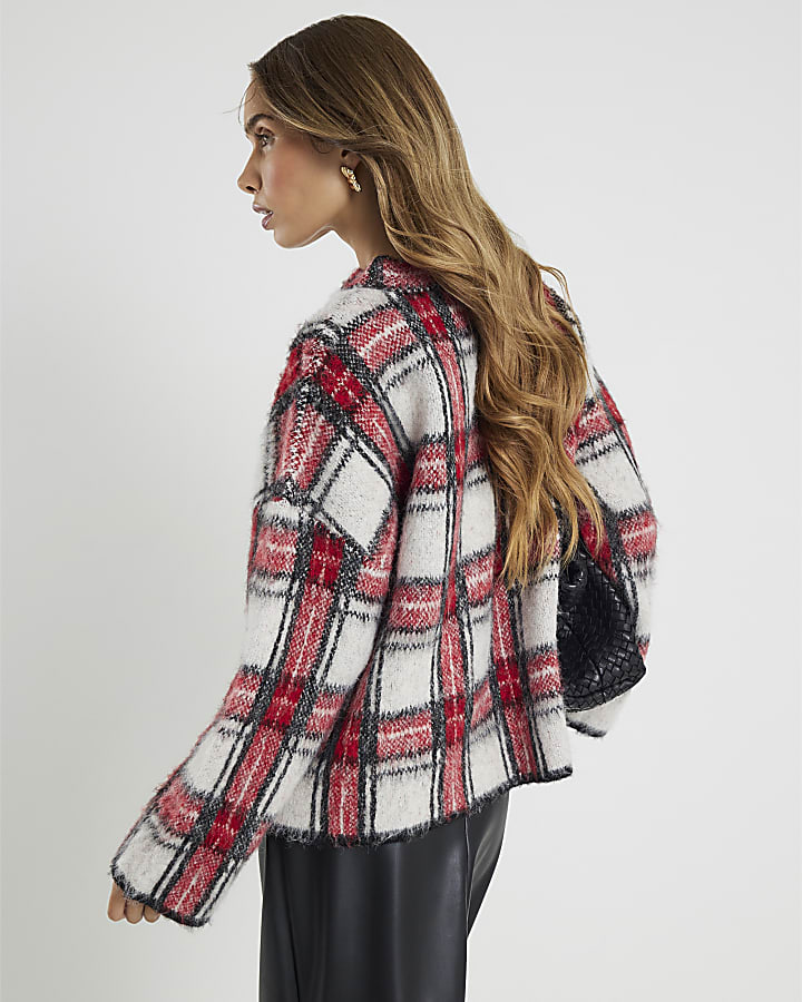 Red Long Sleeve Tartan Fluffy Jumper