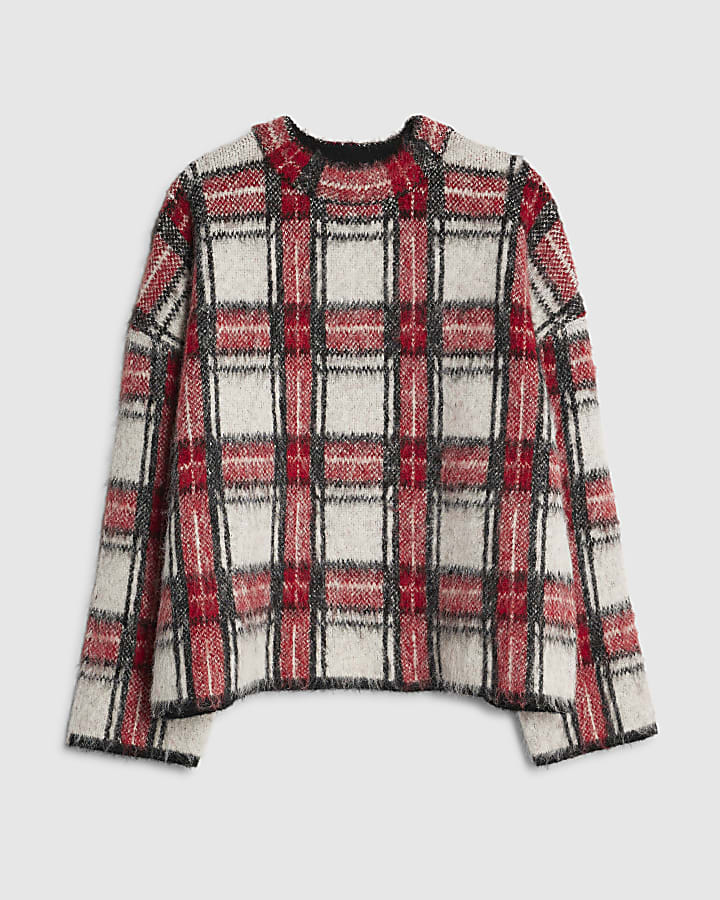 Red Long Sleeve Tartan Fluffy Jumper