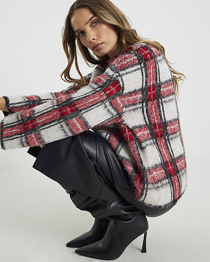 Red Long Sleeve Tartan Fluffy Jumper
